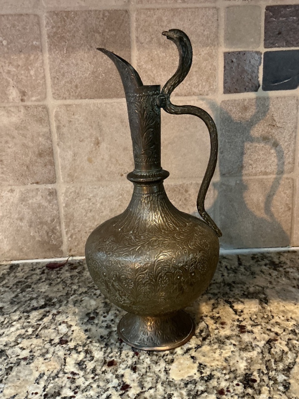 Vintage Etched Brass Skinny Pitcher Vase Ewer Made in India Boho